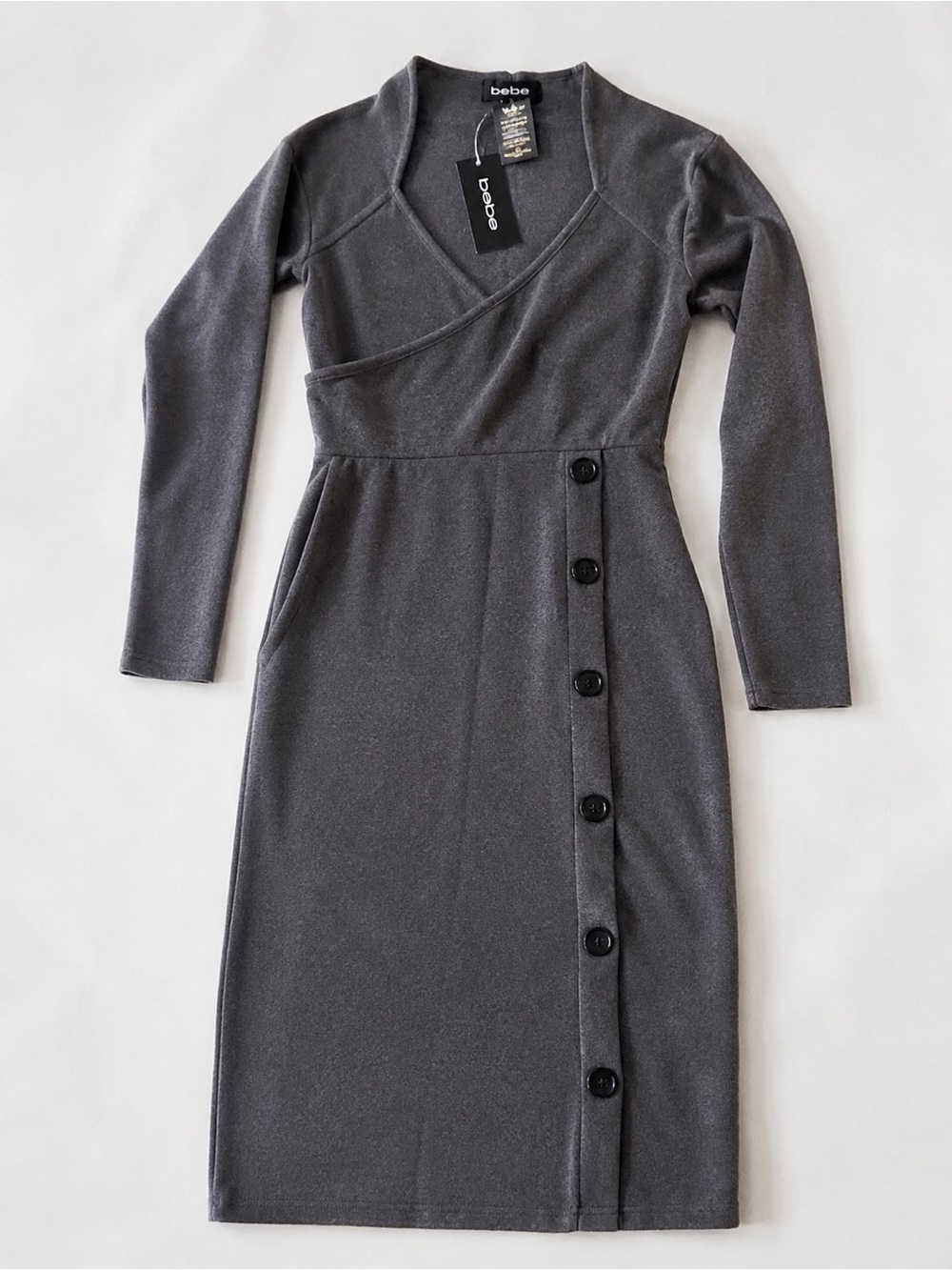 bebe Gray Wrap-Front Long Sleeve Midi Dress